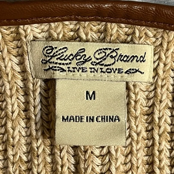NWOT Lucky Brand Open Faux Leather Edged Sweater, Browns |M - Picture 13 of 15